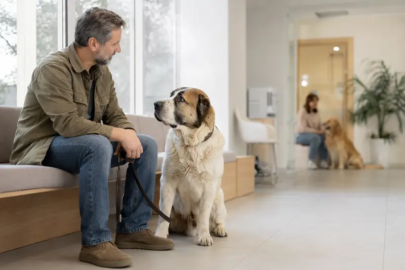 Ein Alabai Hund sitzt entspannt neben seinem Besitzer in einem modernen Wartezimmer einer Tierarztpraxis.